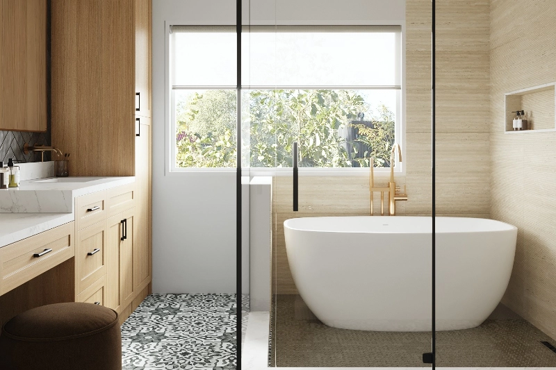 Modern bathroom featuring a freestanding white tub, large window, wooden cabinets with white countertops, and a glass shower enclosure.