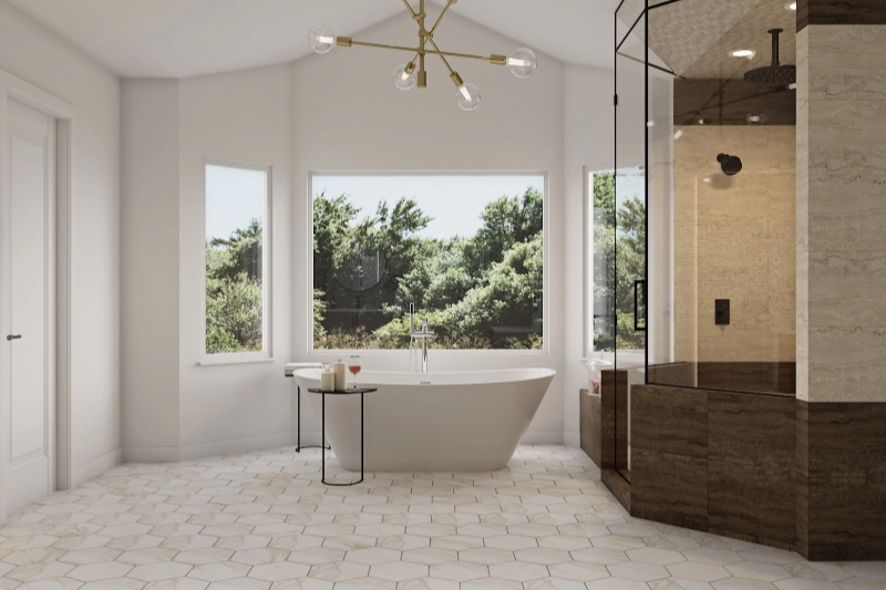 Modern bathroom with a white freestanding tub, small side table, and a glass-enclosed shower.