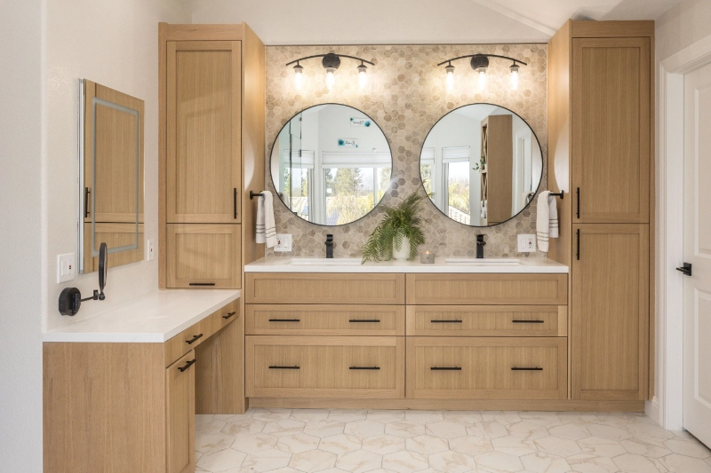 Modern bathroom with light wood cabinetry, two round mirrors, dual sinks, black fixtures, and hexagonal tile flooring.