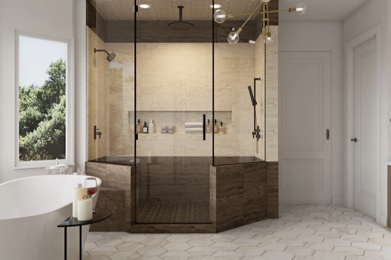 A luxury home remodel featuring a modern bathroom with a glass-enclosed shower, freestanding bathtub, hexagonal floor tiles, and a contemporary light fixture.