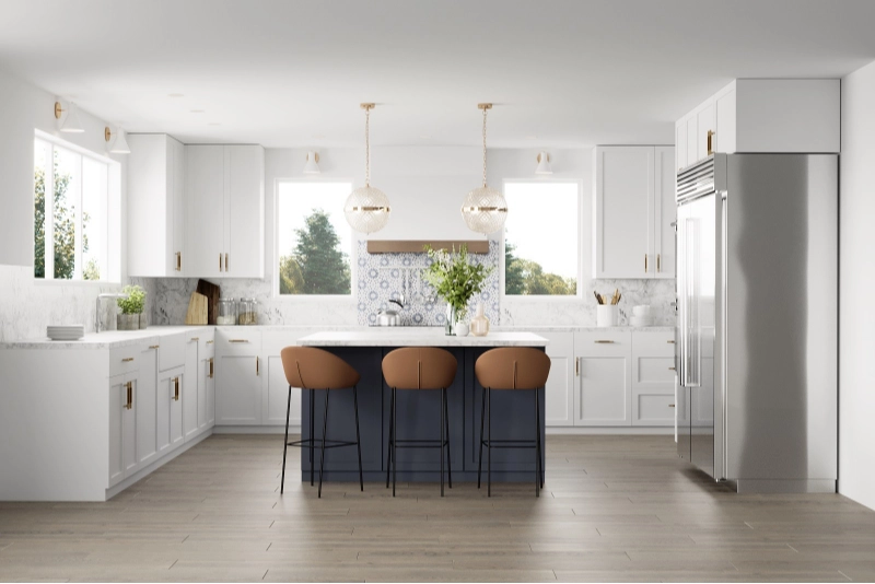 A modern kitchen with white cabinets, a central island with brown chairs, pendant lights, stainless steel refrigerator, and large windows.