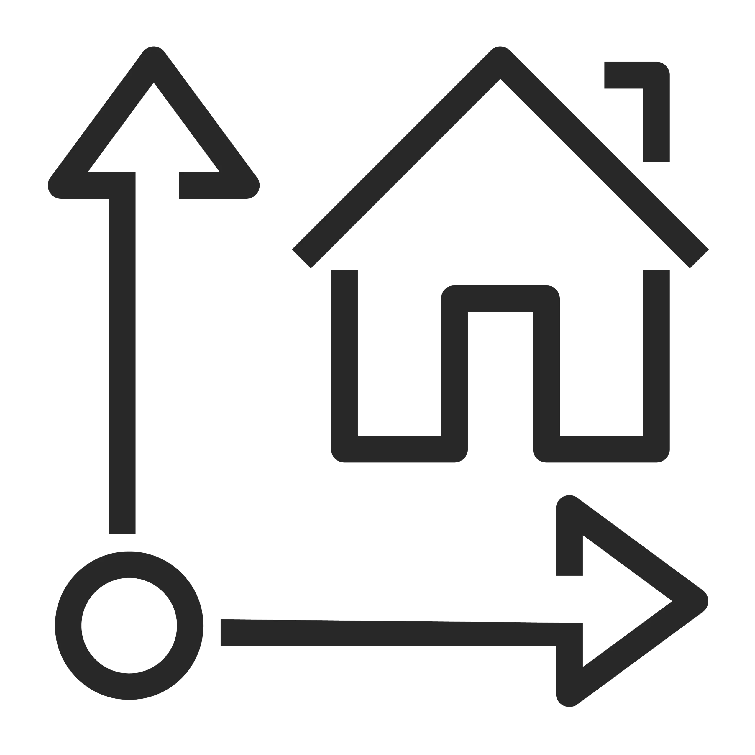 Black icon of a house with an arrow pointing up and an arrow pointing right, originating from a circle, symbolizing innovative home remodeling services.